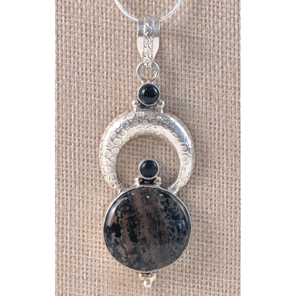 Sterling Silver Jasper Onyx Modern Circle Pendant Necklace 925 Artisan 24" - Picture 3 of 7